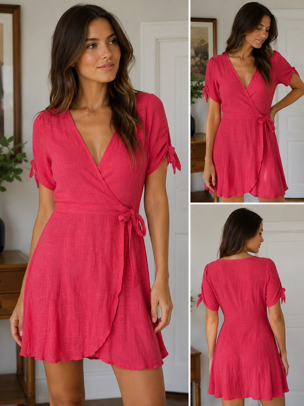 Lulus Coral Pink Wrap Dress Womens S Tie Sleeve V Neck Short Sleeve Mini